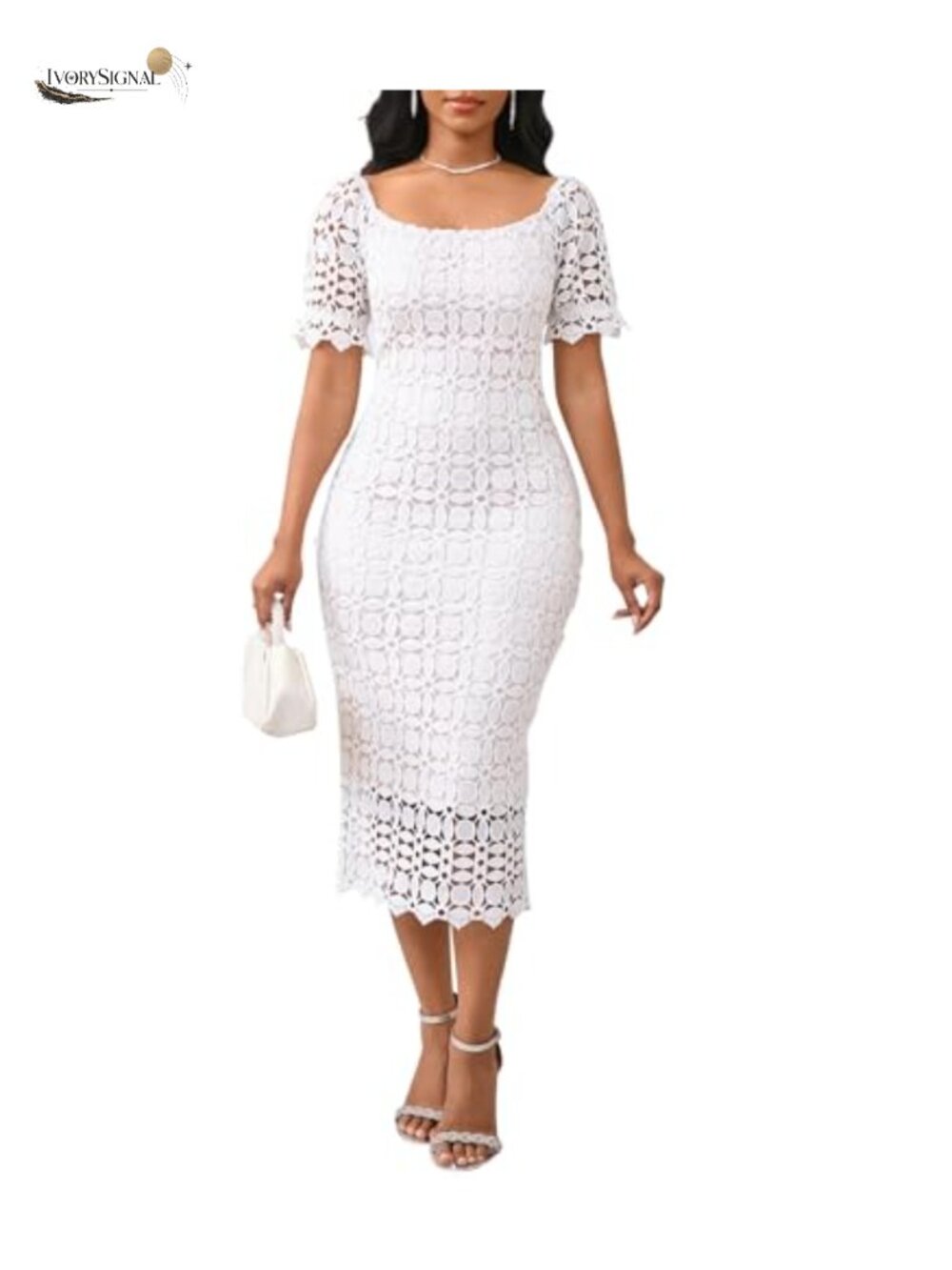 Elegant Sexy Floral Lace Short Sleeve Off Shoulder Midi Dress